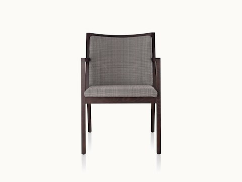 An Ascribe side chair with gray upholstery and a wood frame with a dark finish, viewed from the front.