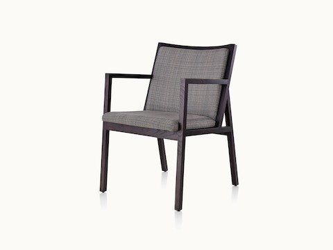 Angled view of an Ascribe side chair with gray upholstery and a wood frame with a dark finish.