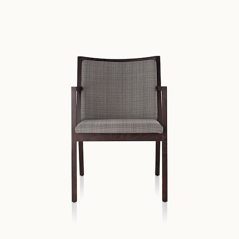 An Ascribe side chair with gray upholstery and a wood frame in a dark finish, viewed from the front.