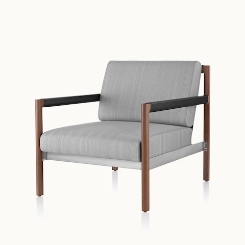 Angled view of a Brabo club chair with light gray upholstery. Select to go to the Brabo Lounge Seating product page.