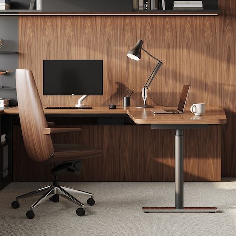 Geiger One Private Office, Rendering PO2, in Natural Walnut with Clamshell Chair.