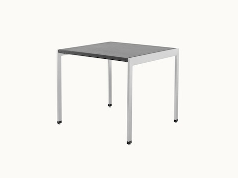 Angled view of an H Frame side table with a metal frame and a wood top in a black finish.