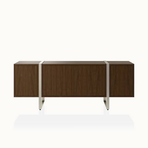 Highline Credenza by DatesWeiser in Natural Flat Cut Walnut with Satin Nickel Legs viewed from the front.