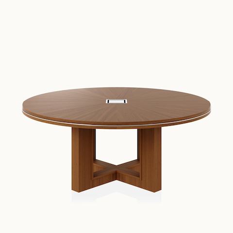 Circular Highline Fifty Meeting Table by DatesWeiser in Natural Quarter Cut Walnut with Polished Chrome details viewed from the front.
