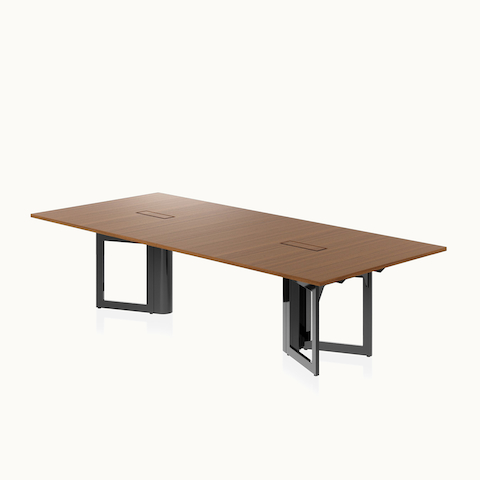 Highline Vector Conference Table by DatesWeiser in Natural Quarter Cut Walnut with a Jet Black base viewed from a 45 degree angle.