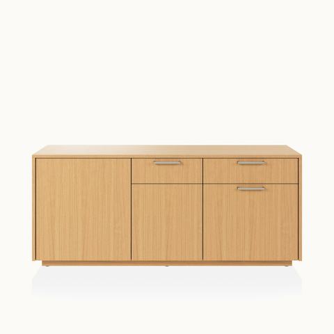 JD Credenza by DatesWeiser in Natural Rift Cut Oak with Satin Nickel drawer pulls viewed from the front.