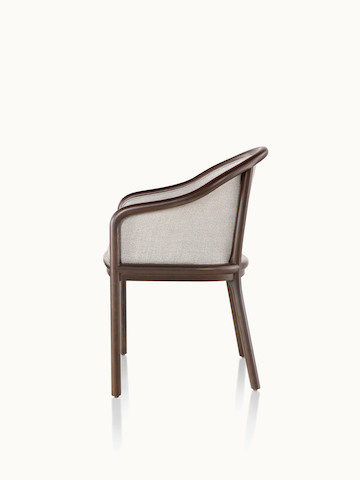 Side view of a Landmark side chair with light gray French upholstery, a dark wood frame, and standard-height arms.