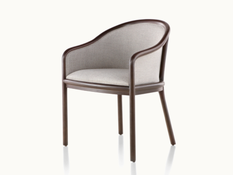 Angled view of a Landmark side chair with light gray French upholstery, a dark wood frame, and standard-height arms.