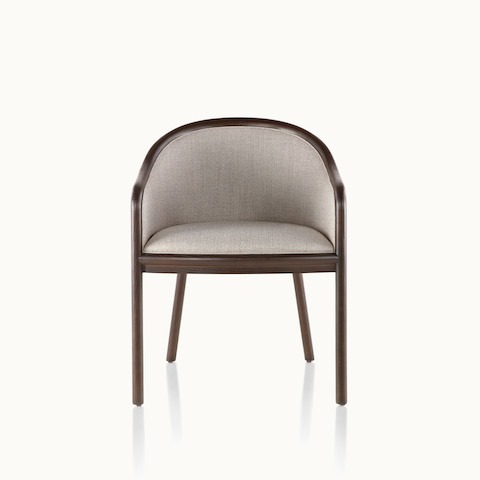 A Landmark side chair with light gray French upholstery, a dark wood frame, and standard-height arms, viewed from the front.