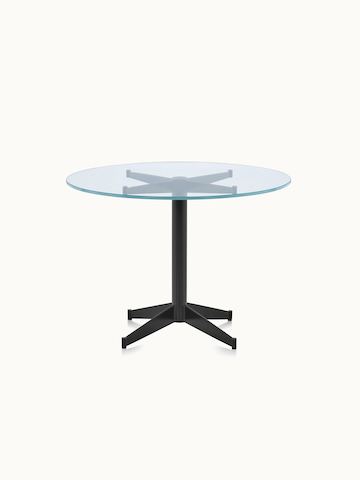 A round MP Occasional Table with a glass top and black base.
