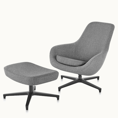 Angled view of a gray Saiba Lounge Chair and Ottoman. Select to go to the Saiba Lounge Chair and Ottoman product page.