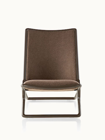 A Scissor lounge chair with brown fabric upholstery and a wood frame in a dark finish, viewed from the front.